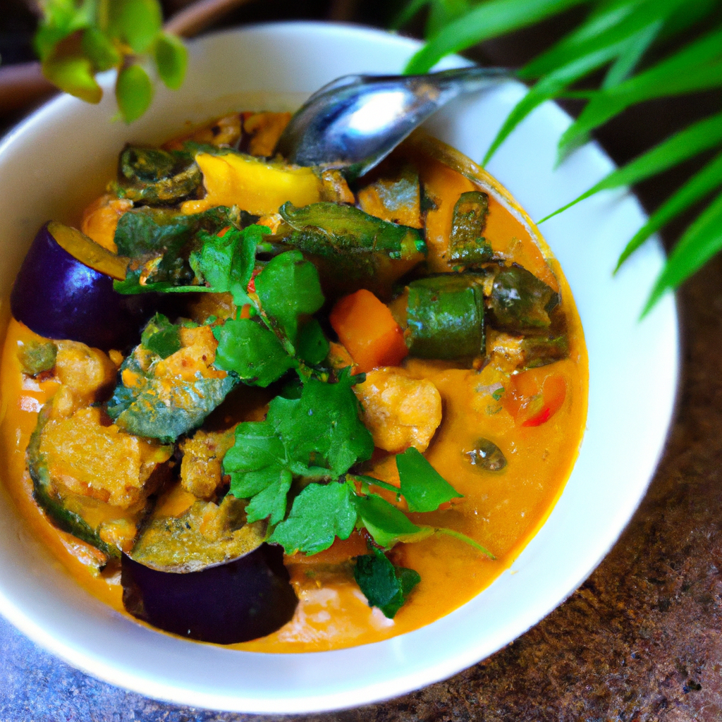 Spicy singaporean vegan stew 1 tablespoon vegetable oil 1 large onion, chopped 3 cloves garlic, minced 1 tablespoon freshly grated ginger 2 tablespoons Singaporean curry powder 1 teaspoon ground turmeric 1/2 teaspoon ground cayenne pepper (optional, adjust to your preferred spice level) 4 cups vegetable broth 1 cup coconut milk 2 cups diced eggplant 2 cups diced okra 2 cups chopped kangkong (water spinach) 1 cup diced red bell pepper 1 cup diced tomatoes Salt and black pepper, to taste Fresh cilantro or Thai basil, for garnish Cooked rice or rice noodles, for serving