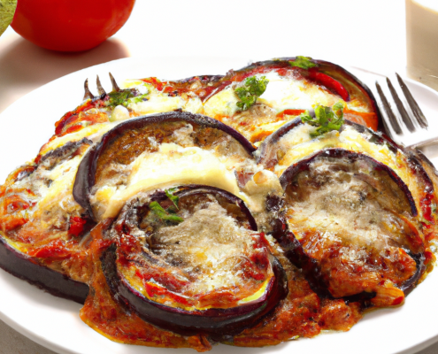 Eggplant Parmesan (Vegetarian) 5 medium eggplants, sliced into 1/2-inch-thick rounds 2 cups all-purpose flour 4 large eggs, beaten 3 cups breadcrumbs 2 cups marinara sauce 2 cups grated mozzarella cheese 1 cup grated Parmesan cheese Preheat oven to 375°F. Dredge the eggplant slices in flour, dip in beaten eggs, and coat with breadcrumbs. Place the breaded eggplant slices on a baking sheet and bake for 20-25 minutes, until golden brown. In a large baking dish, layer the eggplant slices, marinara sauce, mozzarella cheese, and Parmesan cheese. Repeat layers until all the ingredients are used up, finishing with a layer of cheese on top. Bake for 25-30 minutes, until the cheese is melted and bubbly.