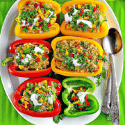 Vegan Stuffed Peppers with Rice and Beans 10 large bell peppers, tops removed and seeded 5 cups cooked rice 2 cups kidney beans, drained and rinsed 2 cups corn 2 cups salsa 2 cups chopped cilantro Salt and pepper, to taste Preheat oven to 375°F. In a large bowl, mix rice, kidney beans, corn, salsa, and cilantro. Season with salt and pepper. Stuff the bell peppers with the rice mixture and place them in a baking dish. Bake for 30-40 minutes, until peppers are tender and the filling is heated through.