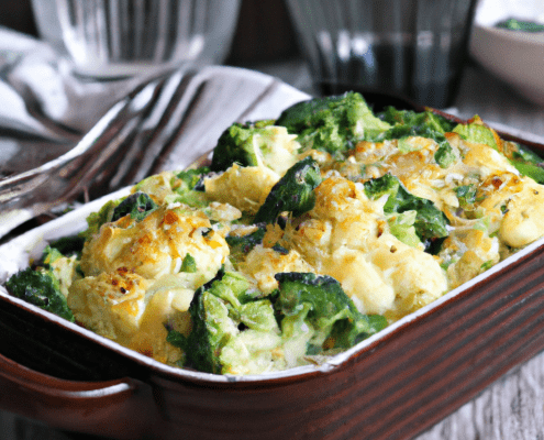 Cauliflower and Broccoli Gratin (Vegetarian) 4 cups chopped cauliflower 4 cups chopped broccoli 1/4 cup butter 1/4 cup all-purpose flour 2 cups milk 1 cup grated Gruyère cheese Salt and pepper, to taste 1/2 cup breadcrumbs 2 tbsp melted butter Preheat oven to 375°F. Bring a large pot of water to a boil. Add cauliflower and broccoli and cook until tender, about 5-7 minutes. Drain and set aside. In a medium saucepan, melt butter over medium heat. Whisk in flour and cook for 1-2 minutes, until bubbly. Gradually whisk in milk and cook until thickened, about 5-7 minutes. Remove from heat and stir in Gruyère cheese. Season with salt and pepper. In a large baking dish, combine cooked cauliflower and broccoli. Pour cheese sauce over vegetables. In a small bowl, mix breadcrumbs with melted butter. Sprinkle breadcrumb mixture over the gratin. Bake for 25-30 minutes, until bubbly and golden brown.