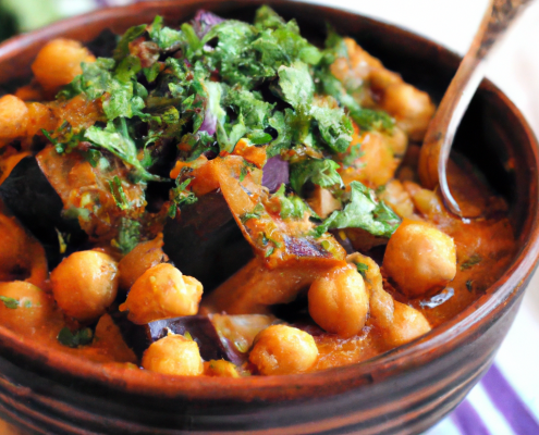 Eggplant and Chickpea Stew (Vegan) 2 tbsp olive oil 1 large onion, chopped 3 cloves garlic, minced 1 large eggplant, chopped 2 cups chopped tomatoes 2 cups cooked chickpeas 2 cups vegetable broth 1 tsp ground cumin 1 tsp paprika Salt and pepper, to taste Fresh cilantro, for garnish In a large pot, heat olive oil over medium heat. Add onion and garlic, and cook until softened, about 5 minutes. Stir in eggplant, tomatoes, chickpeas, vegetable broth, cumin, and paprika. Bring to a boil, then reduce heat and simmer for 20-25 minutes, until eggplant is tender. Season with salt and pepper. Garnish with fresh cilantro before serving.