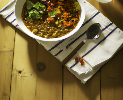 Caril de lentilha e vegetais (Vegan), luz quente, servido sobre mesa de madeira, talheres,