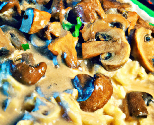 Mushroom Stroganoff (Vegetarian) 4 tbsp butter 4 cups sliced mushrooms 2 cups diced onions 4 cloves garlic, minced 4 cups vegetable broth 2 cups sour cream 1/4 cup all-purpose flour Salt and pepper, to taste 10 cups cooked egg noodles Melt butter in a large skillet over medium heat. Add mushrooms, onions, and garlic; cook until tender. In a bowl, whisk together vegetable broth, sour cream, and flour. Pour into the skillet, stirring to combine. Cook until thickened, about 5 minutes. Season with salt and pepper. Serve over cooked egg noodles.