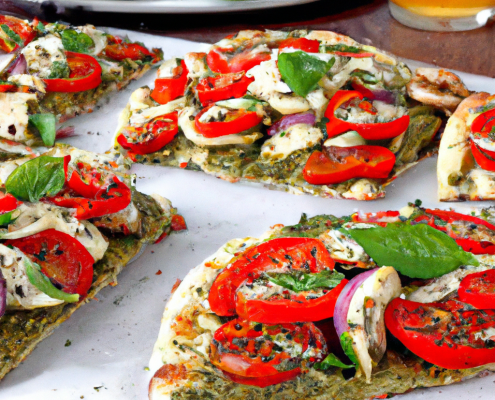 Pesto and Vegetable Flatbread (Vegetarian) 4 large flatbreads or naan bread 1 cup prepared pesto 2 cups thinly sliced zucchini 2 cups thinly sliced bell peppers 2 cups thinly sliced red onion 2 cups cherry tomatoes, halved 2 cups grated mozzarella cheese Fresh basil leaves, for garnish Preheat oven to 400°F. Spread a thin layer of pesto onto each flatbread. Top with zucchini, bell peppers, red onion, cherry tomatoes, and mozzarella cheese. Place flatbreads on a baking sheet and bake for 10-12 minutes, until cheese is melted and bubbly. Garnish with fresh basil leaves before serving.