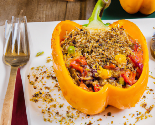 Quinoa Stuffed Bell Peppers (Vegan), warm light, served on wooden table, cutlery,