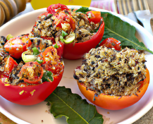 Quinoa Stuffed Tomatoes (Vegan) 10 large tomatoes, tops removed and seeds scooped out 5 cups cooked quinoa 2 cups chopped spinach 2 cups chopped fresh basil 1 cup chopped red onion 1 cup chopped black olives 1/4 cup balsamic vinegar Salt and pepper, to taste Preheat oven to 375°F. In a large bowl, mix together quinoa, spinach, basil, red onion, black olives, and balsamic vinegar. Season with salt and pepper. Stuff the tomatoes with the quinoa mixture and place them in a baking dish. Bake for 20-25 minutes, until tomatoes are tender and the filling is heated through.