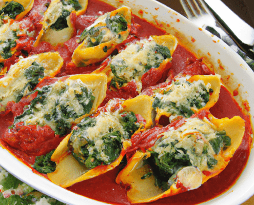 Spinach and Artichoke Stuffed Shells (Vegetarian) 20 jumbo pasta shells, cooked according to package instructions 2 cups chopped fresh spinach 2 cups chopped artichoke hearts 1 cup ricotta cheese 1 cup grated mozzarella cheese 1/4 cup grated Parmesan cheese Salt and pepper, to taste 2 cups marinara sauce Preheat oven to 375°F. In a large bowl, mix together spinach, artichoke hearts, ricotta cheese, mozzarella cheese, and Parmesan cheese. Season with salt and pepper. Stuff the cooked pasta shells with the spinach-artichoke mixture and place them in a baking dish. Pour marinara sauce over the shells and bake for 25-30 minutes, until heated through and bubbly.