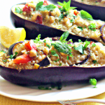 Stuffed Eggplant with Couscous (Vegan) 5 medium eggplants, halved lengthwise 2 tbsp olive oil 2 cups chopped onion 2 cups cooked couscous 1 cup chopped tomatoes 1 cup chopped fresh mint Salt and pepper, to taste Preheat oven to 375°F. Scoop out the flesh of the eggplants, leaving a 1/2-inch-thick shell. Chop the eggplant flesh and set aside. Heat olive oil in a large skillet over medium heat. Add onion and cook until softened. Stir in chopped eggplant, couscous, tomatoes, and mint. Season with salt and pepper. Spoon the mixture into the eggplant shells and place them in a baking dish. Bake for 30-40 minutes, until eggplants are tender.