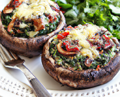Stuffed Portobello Mushrooms (Vegetarian) 10 large portobello mushrooms, stems and gills removed 2 cups chopped spinach 2 cups ricotta cheese 1 cup grated Parmesan cheese 1 cup chopped sun-dried tomatoes Salt and pepper, to taste Preheat oven to 375°F. Mix spinach, ricotta, Parmesan, and sun-dried tomatoes in a bowl. Season with salt and pepper. Stuff the mushroom caps with the mixture, and bake for 20-25 minutes, until mushrooms are tender and the filling is heated through.