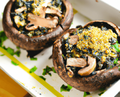Stuffed Portobello Mushrooms with Spinach and Quinoa (Vegan) 10 large portobello mushrooms, stems and gills removed 2 tbsp olive oil 2 cups chopped onion 2 cups cooked quinoa 2 cups chopped fresh spinach 1/2 cup nutritional yeast Salt and pepper, to taste Preheat oven to 375°F. Place the portobello mushrooms on a baking sheet, cap side down. Heat olive oil in a large skillet over medium heat. Add onion and cook until softened. Stir in quinoa, spinach, and nutritional yeast. Season with salt and pepper. Spoon the mixture into the mushroom caps. Bake for 20-25 minutes, until the mushrooms are tender and the filling is heated through.