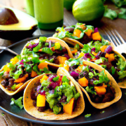 Sweet Potato and Black Bean Tacos (Vegan) 2 tbsp olive oil 2 cups cubed sweet potatoes 2 cups black beans, drained and rinsed 1 cup chopped onion 1 cup chopped bell pepper 1 tbsp taco seasoning 20 small corn tortillas Toppings: avocado, salsa, lime wedges Heat olive oil in a large skillet over medium heat. Add sweet potatoes and cook until tender, about 10 minutes. Stir in black beans, onion, bell pepper, and taco seasoning. Cook until the vegetables are softened, about 5-7 minutes. Serve the mixture on corn tortillas with desired toppings.