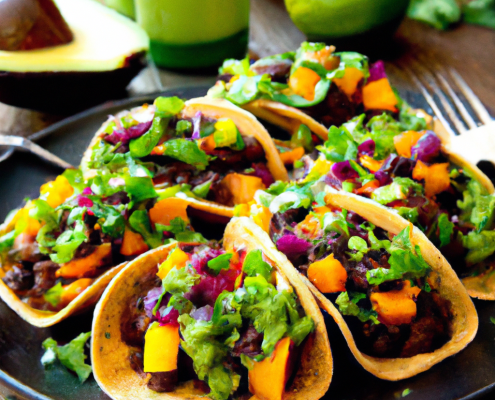 Sweet Potato and Black Bean Tacos (Vegan) 2 tbsp olive oil 2 cups cubed sweet potatoes 2 cups black beans, drained and rinsed 1 cup chopped onion 1 cup chopped bell pepper 1 tbsp taco seasoning 20 small corn tortillas Toppings: avocado, salsa, lime wedges Heat olive oil in a large skillet over medium heat. Add sweet potatoes and cook until tender, about 10 minutes. Stir in black beans, onion, bell pepper, and taco seasoning. Cook until the vegetables are softened, about 5-7 minutes. Serve the mixture on corn tortillas with desired toppings.