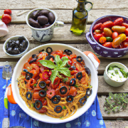 Tomato and Olive Spaghetti (Vegan) 10 cups cooked spaghetti 2 cups chopped cherry tomatoes 1 cup pitted kalamata olives, halved 1/4 cup olive oil 1/4 cup chopped fresh basil Salt and pepper, to taste Toss cooked spaghetti with cherry tomatoes, kalamata olives, olive oil, and basil. Season with salt and pepper and serve. Vegetable and Bean Chili (Vegan)