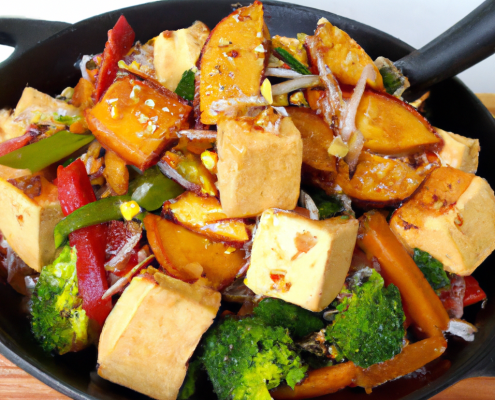 Vegetable and Tofu Stir-Fry (Vegan) 2 tbsp vegetable oil 5 cups cubed firm tofu 2 cups sliced bell peppers 2 cups sliced zucchini 2 cups chopped broccoli 1 cup teriyaki sauce Heat vegetable oil in a large skillet or wok over medium heat. Add tofu and cook until golden brown. Remove tofu from the skillet and set aside. Add bell peppers, zucchini, and broccoli to the skillet, and cook until tender-crisp. Stir in tofu and teriyaki sauce, cooking until heated through. Spinach and Feta Stuffed Mushrooms (Vegetarian) 10 large button mushrooms, stems removed 2 cups chopped fresh spinach 1 cup crumbled feta cheese 1/2 cup breadcrumbs 1/4 cup olive oil Salt and pepper, to taste Preheat oven to 375°F. In a bowl, mix spinach, feta, breadcrumbs, and olive oil. Season with salt and pepper. Stuff the mushroom caps with the mixture and place them on a baking sheet. Bake for 20-25 minutes, until mushrooms are tender and the filling is golden.