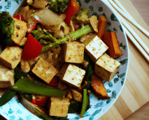 Sauté de légumes et de tofu à la sauce aux cacahuètes (végétalien) haute résolution, inspiration ghibli, 4k